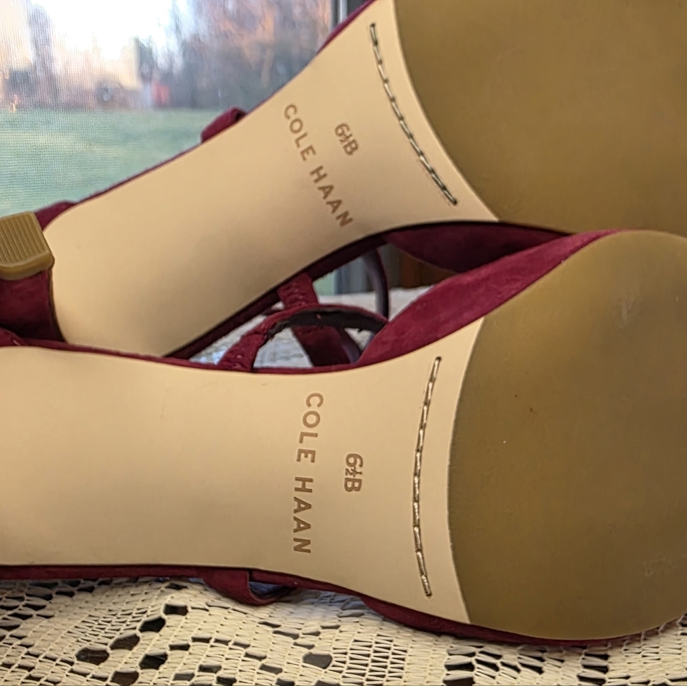 Cole Haan Juliana Burgandy Suede Strappy Pointed Toe Pumps Gold Details size 6B - Picture 3 of 9